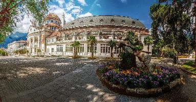Kurhaus (spa building) in Merano, South Tyrol in Italy, south, palms, tourism, white, building, kurhaus, ornate, spa, garden, merano, mountains, europe, alps, italy, tyrol