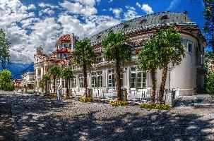 Kurhaus (spa building) in Merano, South Tyrol in Italy, south, palms, tourism, white, building, kurhaus, ornate, spa, garden, merano, mountains, europe, alps, italy, tyrol