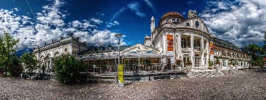 Kurhaus (spa building) in Merano, South Tyrol in Italy, south, palms, tourism, white, building, kurhaus, ornate, spa, garden, merano, mountains, europe, alps, italy, tyrol
