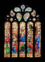 Stained glass windows in Breton church, Guingamp, window, colourful, stained, interior, glass, christian, building, religious, urban, french, architecture, breton, granite, church, light, stone, frame, ornate, brittany, arches, mediaeval, france, cathedral, old