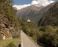 Church in Mesocco seen from Soazza, alps, church, valley, walking, summer, mesocco, europe, hill, switzerland, soazza, track, floor, hiking, sunshine, railway