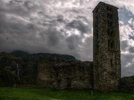 Bell tower of the Castello di Mesocco in Grisons, Switzerland, stone, heritage, italianate, historic, castle, wreck, church, ruin, graubünden, overcast, grisons, cloudy, mesocco, christianity, europe, religion, site, swiss, windows, significance, switzerland, tower, national
