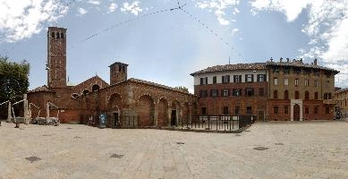 Church in Milano, catholicism, religion, church, santambrogio, basilica, italy, milan, europe, exterior, building, street, urban, city, summer, architecture, brick, christian