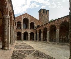 Church in Milano, exterior, building, street, urban, city, summer, architecture, italy, milan, europe, brick, church, christian, religion, courtyard, catholicism, santambrogio, columns, basilica, arches, cloister