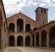 Church in Milano, exterior, building, street, urban, city, summer, architecture, italy, milan, europe, brick, church, christian, religion, courtyard, catholicism, santambrogio, columns, basilica, arches, cloister