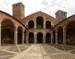 Church in Milano, exterior, building, street, urban, city, summer, architecture, italy, milan, europe, brick, church, christian, religion, courtyard, catholicism, santambrogio, columns, basilica, arches, cloister