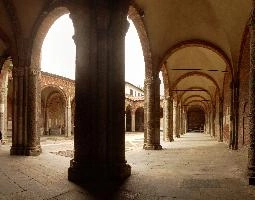 Cloisters in Milano, italy, courtyard, catholicism, church, santambrogio, milan, columns, europe, basilica, arches, cloister, religion