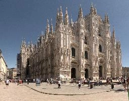 Milan cathedral from the square seen in bright sunglight, italy, catholicism, sunshine, church, white, cathedral, milan, historic, europe, duomo, monumental, religion, summer, stone, architecture