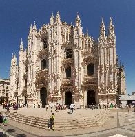 Milan cathedral from the square seen in bright sunglight, italy, catholicism, sunshine, church, white, cathedral, milan, historic, europe, duomo, monumental, religion, summer, stone, architecture