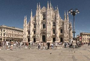 Milan cathedral from the square seen in bright sunglight, italy, catholicism, sunshine, church, white, cathedral, milan, historic, europe, duomo, monumental, religion, summer, stone, architecture