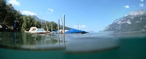 Walensee, lake, under/over, water, mountains, walensee, switzerland, aquatic, europe, walen, summer, underwater, alps, blue sky