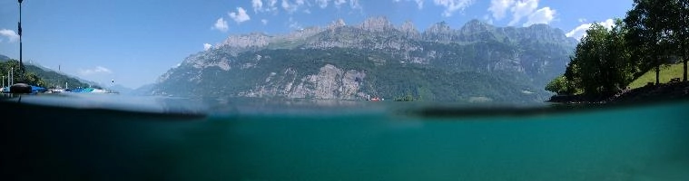 Walensee, lake, under/over, water, mountains, walensee, switzerland, aquatic, europe, walen, summer, underwater, alps, blue sky