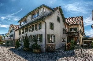Buildings in the monastery area around Pfäffikon, Lake Zürich, traditional, preserved, old, tourism, buildings, townscape, lake, rural, daytime, zürchersee, village, bright, zuerich, construction, blue sky, zürich, stone, sunlight, pfäffikon, terracotta, sunny, swiss, lakeside, autumn, switzerland, monastery, outdoors