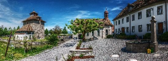 Buildings in the monastery area around Pfäffikon, Lake Zürich, traditional, preserved, old, tourism, buildings, townscape, lake, rural, daytime, zürchersee, village, bright, zuerich, construction, blue sky, zürich, stone, sunlight, pfäffikon, terracotta, sunny, swiss, lakeside, autumn, switzerland, monastery, outdoors