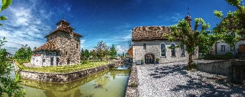 Buildings in the monastery area around Pfäffikon, Lake Zürich, traditional, preserved, old, tourism, buildings, townscape, lake, rural, daytime, zürchersee, village, bright, zuerich, construction, blue sky, zürich, stone, sunlight, pfäffikon, terracotta, sunny, swiss, lakeside, autumn, switzerland, monastery, outdoors