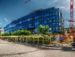 Office space in Pfäffikon, Lake Zürich, sunny, architecture, village, steel, rural, modern, building, reflective, pfäffikon, glass, lake, new, zürchersee, daylight, zürich, summer, swiss, outdoors, switzerland, blue sky, offices