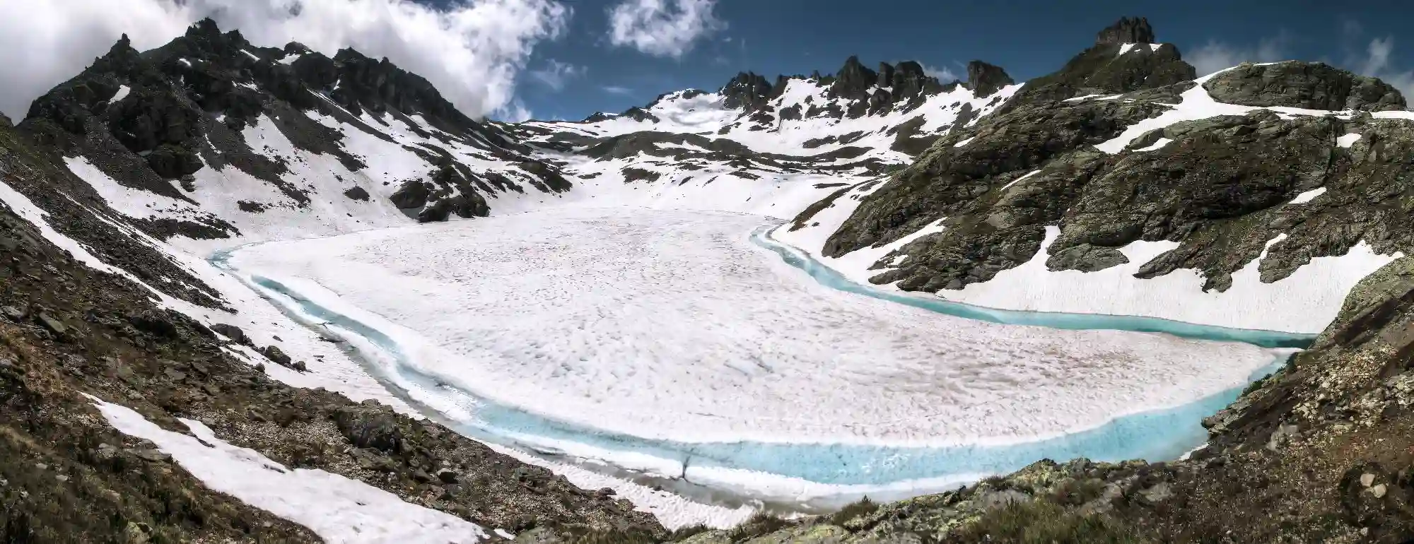 Wildsee; teal glacial lake on the Pizol 5-lakes walk, during the Spring thaw, mountains, ice, lake, route, high, frozen, hike, scenery, wildsee, walk, dramatic, wangs, lakes, peaks, alps, 5-lakes. five, stone, mels, alpine, rock, sargans, swiss, blue, pizol, europe, sky, switzerland, glacial, snow