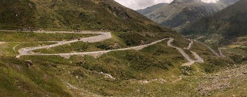 Serpentine road leading up to the Furka Pass in Grisons, Switzerland, bends, serpentine, route, road, furkapass, tomasee, andermatt, summer, grisons, green, switzerland, hillside, europe, winding