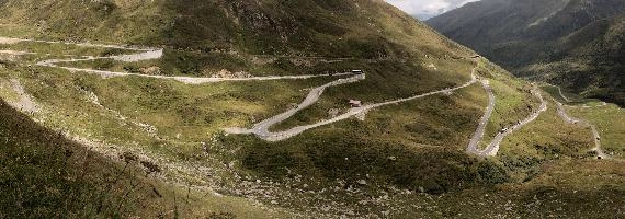 Serpentine road leading up to the Furka Pass in Grisons, Switzerland, bends, serpentine, route, road, furkapass, tomasee, andermatt, summer, grisons, green, switzerland, hillside, europe, winding