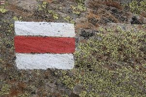 Footpath sign painted on lichen-encrusted rock by the Tomasee, Grisons, paint, sign, marker, rough, footpath, surface, toma, yellow, lake, lichen, tomasee, stone, grisons, rock, switzerland, white, europe, red