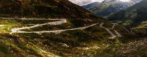 Serpentine road to the Furkapass in Switzerland, rheinquelle