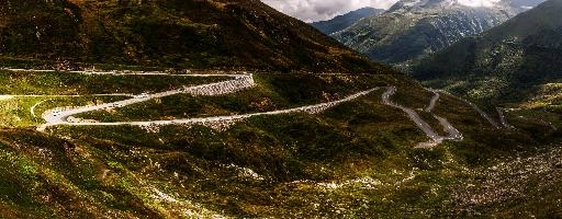 Serpentine road to the Furkapass in Switzerland, rheinquelle