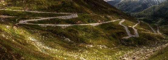 Serpentine road to the Furkapass in Switzerland, rheinquelle