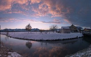 Walenstadt, rheintal, sunset, valley, frost, scenery, dawn, mountains, mountain, alps, gloaming, ruethi, rhine, water, switzerland, rüthi sg, sunburst, beautiful swiss, evening, colours, pink, pastel, field, snow, golden hour, river, clouds, canal, rays, sun, sky, reflection