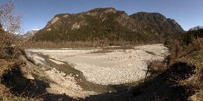 Stretch of the Grisonian Alpine Rhine river at Rhäzuns, showing shingle bed, water, bed, shingle, rhäzüns, grisonian, alpine, chur, gorge, valley, rhine, sunshine, grisons, spring, switzerland, mountains, europe, river
