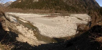 Stretch of the Grisonian Alpine Rhine river at Rhäzuns, showing shingle bed, water, bed, shingle, rhäzüns, grisonian, alpine, chur, gorge, valley, rhine, sunshine, grisons, spring, switzerland, mountains, europe, river