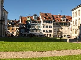 Traditional half-timbered buildings in the cathedral quarter of Sankt Gallen, Switzerland, switzerland, city, outdoors, germanic, traditional, architecture, gallen, facade, sankt, town, europe, building, sunshine, exterior, street, half-timbered