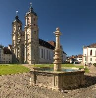 Baroque cathedral of Sankt Gallen, Switzerland, with fountain in foreground, null