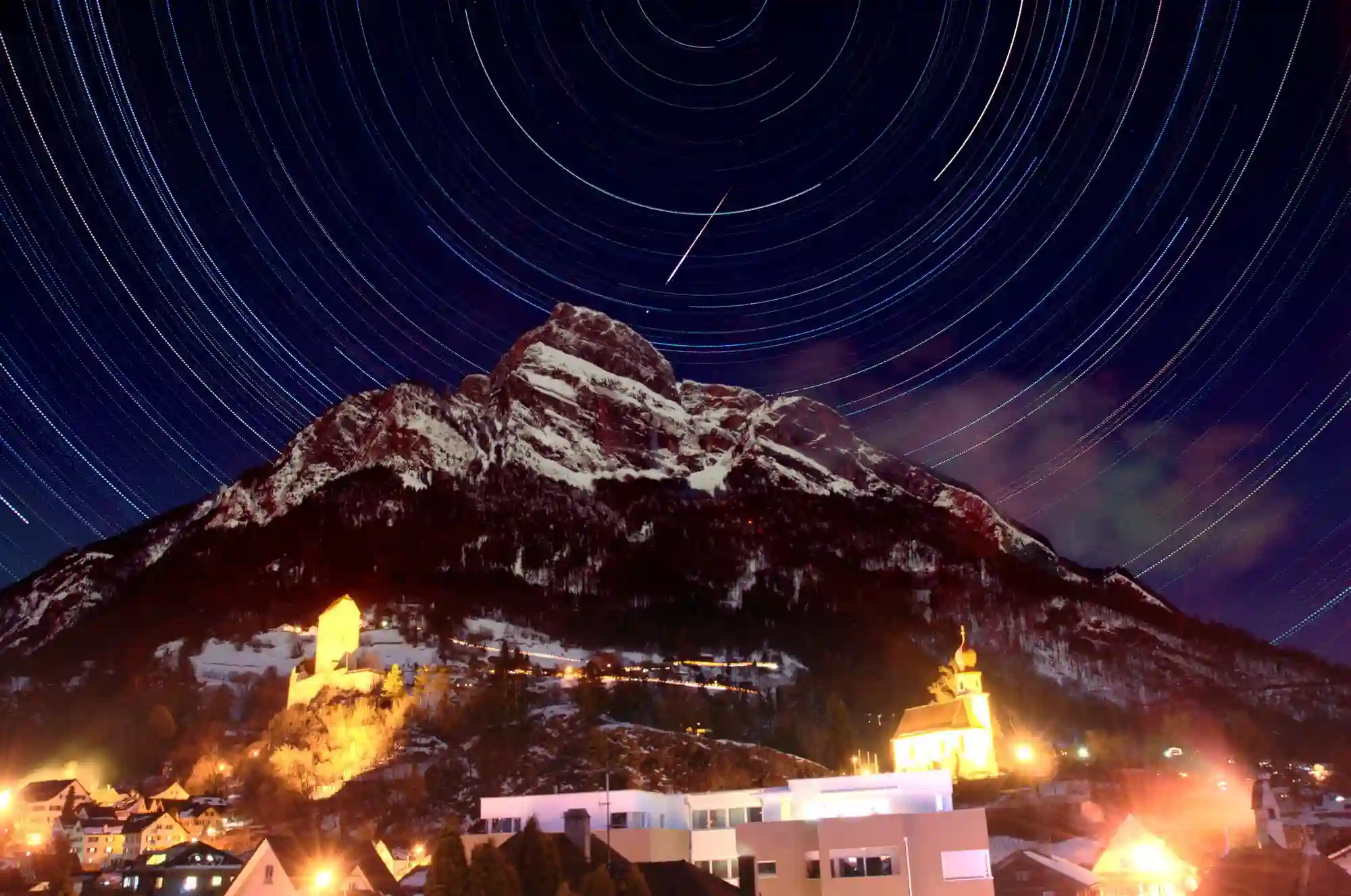 Star-trails above the Gonzen in the Swiss Alps, switzerland, sankt, gallen, sargans, gonzen, rhine, valley, mountain, alps, peak, snow, star-trails, sky, time-lapse, circular, paths
