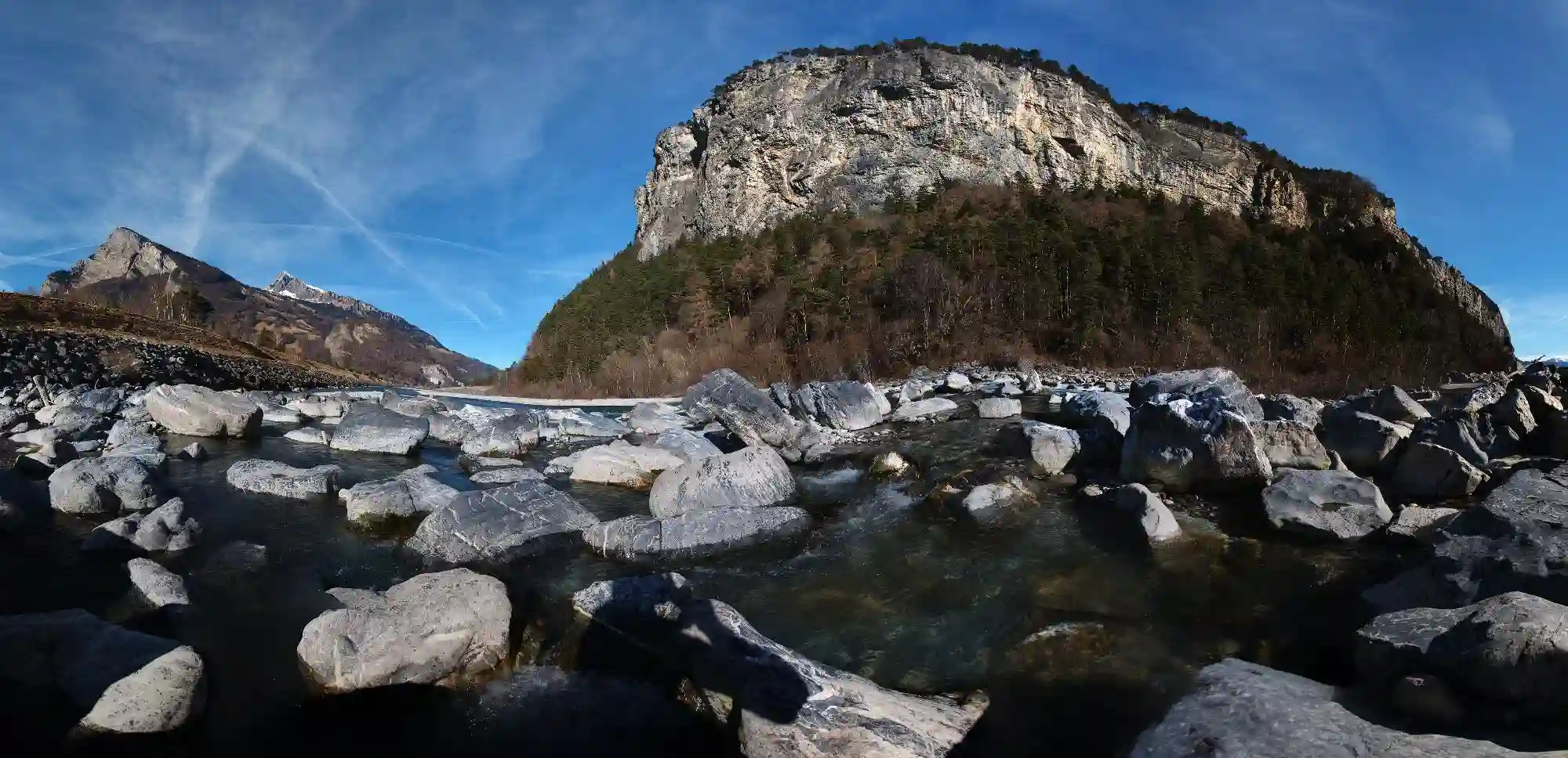 Stony bed of the alpine Rhine river near Sargans, showing the Ellhorn, europe, switzerland, sankt, gallen, sargans, rhine, ellhorn, mountain, alps, beach, rocks, boulders, water, rapids, flow, crag, outcrop, peaks, forest