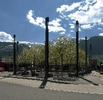 Bahnhofareal, Sargans, spring, forecourt, bus, bahnhof, towers, mountains, sargans, square, schweiz, modern, alps, trees, blue, sky, railway, station, lamps, . foliage, outdoors, sunshine