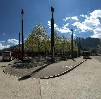 Bahnhofareal, Sargans, spring, forecourt, bus, bahnhof, towers, mountains, sargans, square, schweiz, modern, alps, trees, blue, sky, railway, station, lamps, . foliage, outdoors, sunshine
