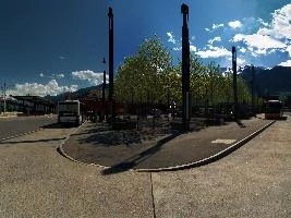 Bahnhofareal, bahnhof, forecourt, bus, mountains, towers, alps, sargans, square, schweiz, modern, spring, trees, blue, sky, railway, station, lamps, . foliage, outdoors, sunshine