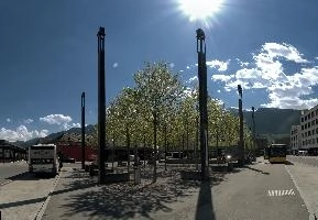 Bahnhofareal, Sargans, spring, forecourt, bus, bahnhof, towers, mountains, sargans, square, schweiz, modern, alps, trees, blue, sky, railway, station, lamps, . foliage, outdoors, sunshine