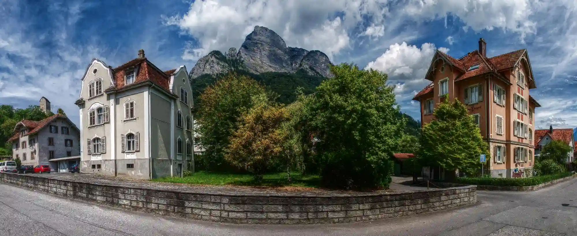 View of Sargans, East Switzerland, showing characteristic peak of the Gonzen, gonzen, blue sky, sunny, autumn, outdoors, mountains, house, alps, buildings, europe, street, swiss, village, switzerland, town