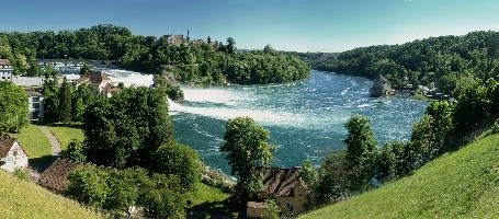 Elliott Bignell, 2016, islands, swiss, water, rhine, laufen, waterfall, scenery, rheinfall, river, schaffhausen, schlössli, rhein, green, white, cascade, schloss, schloessli, summer, switzerland, falls, current, torrent, power, island
