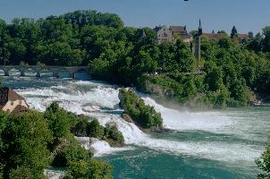 Rheinfall und Schloss Laufen, rhine, swiss, water, laufen, islands, waterfall, scenery, rheinfall, river, schaffhausen, schlössli, falls, green, white, cascade, schloss, schloessli, summer, switzerland, rhein, current, torrent, power, island