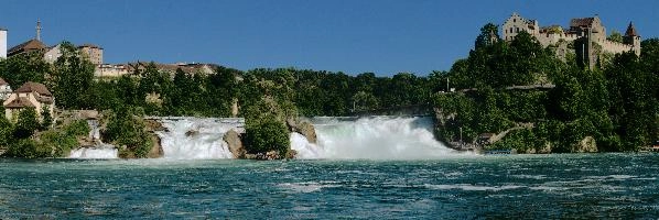 Rheinfall bei Schaffhausen, rhine, river, switzerland, rhein, islands, waterfall, scenery, rheinfall, white, schaffhausen, schlössli, falls, green, torrent, cascade, schloss, schloessli, summer, swiss, water, laufen, current, power, island