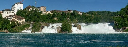 Rheinfall bei Schaffhausen, rhine, swiss, water, laufen, islands, waterfall, scenery, rheinfall, river, schaffhausen, schlössli, falls, green, white, cascade, schloss, schloessli, summer, switzerland, rhein, current, torrent, power, island