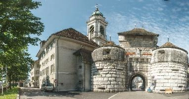 Town walls and portal of the historic, baroque town of Solothurn, Switzerland, stone, massive, walls, baroque, city, town, entrance, urban, historic, solothurn, grand, switzerland, defensive, europe, portal