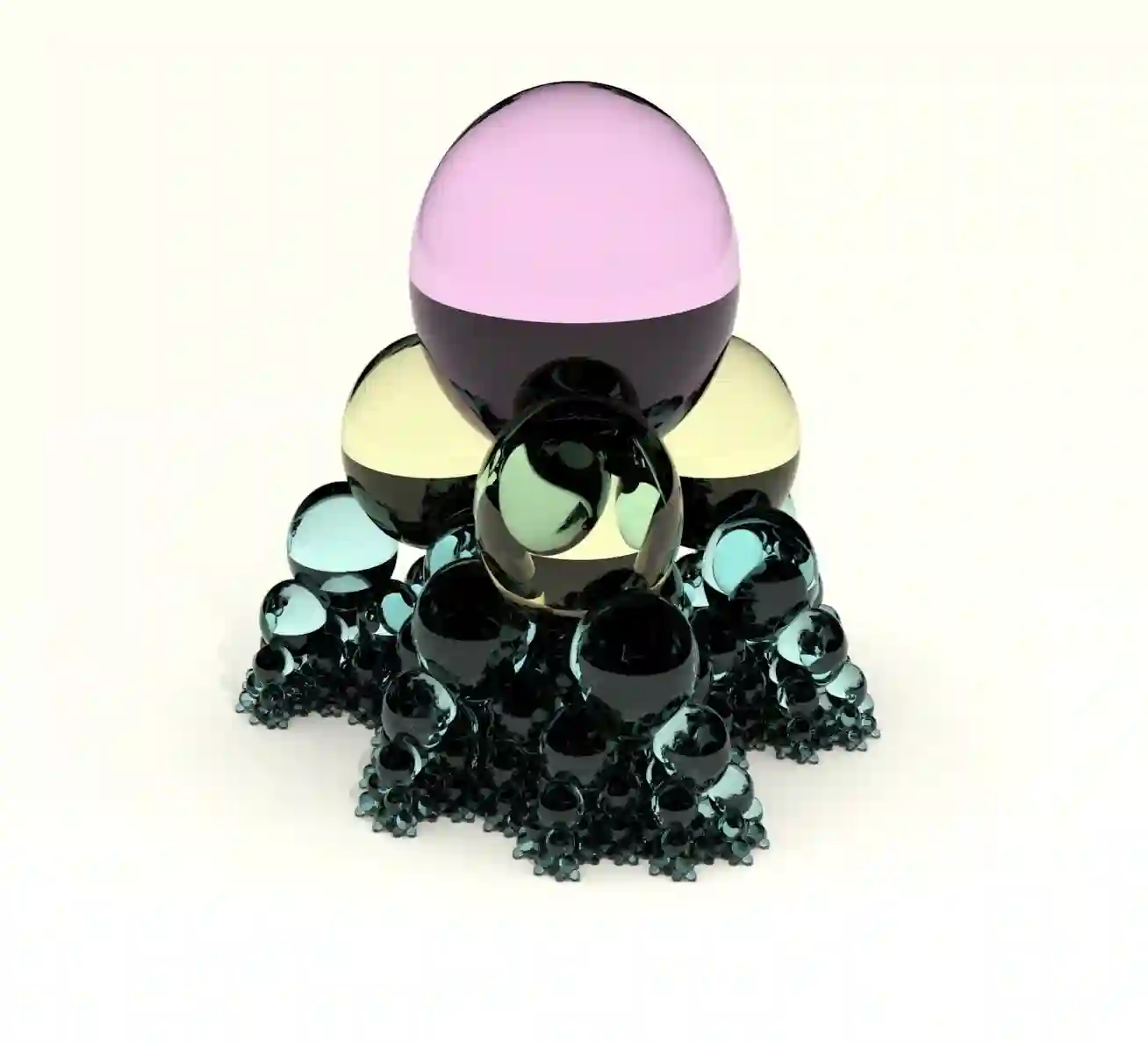 Fractal rendering of recursive glass spheres created with povray, rendering, spheres, stack, fractal, crystal, transparent, colours, povray, ray-tracing