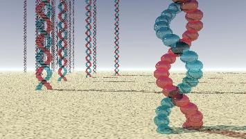 Abiogenesis; rendering of whimsical moment of creation with nucleic acids growing out of the ground, disease, growth, nucleic acid, design, globular, nucleic, water, creation, gene, nature, virus, covid-19, exotic, microbe, vector, covid, evolution, marine, symbol, coronavirus, environment, many, sea, colorful, double helix, life-form, sand, background, double, life, rna, abstract, dna, helix dna, red, abiogenesis, distance, helix, primitive,  rendering of whimsical moment of creation with nucleic acids growing out of the ground