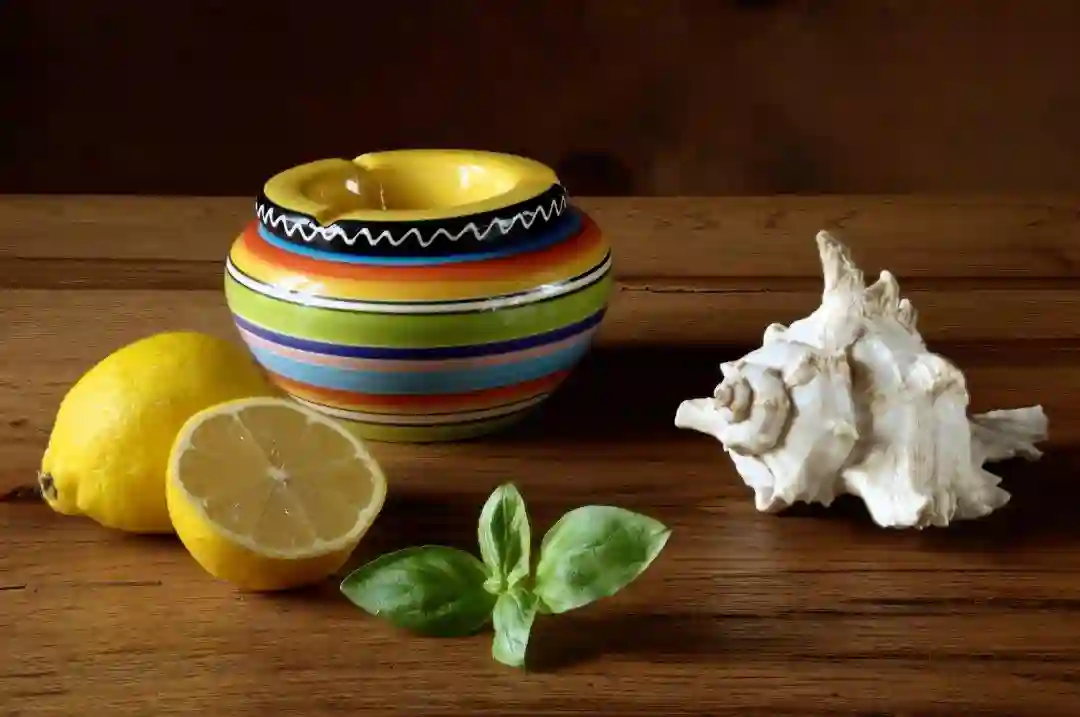 Still life of colourful ashtray with seashell, lemon and basil leaves, europe, switzerland, sankt, gallen, walenstadt, table, wooden, still-life, ashtray, ceramic, shell, basil, lemon, cut, fruit, herbaceous