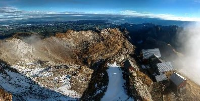 Old weather and cable-car station atop Säntis, Swiss Alps, mast, old, sunshine, buildings, alpine, cloud, mountains, red, switzerland, climate, säntis, science, horizon, alpstein, meteorology, view, saentis, station, shelter, alps, weather, cable-car, appenzell, cowling, research