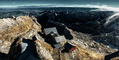 View from Säntis in Appenzell at daybreak, showing the old station buildings just below the peak., range, station, peaks, old, säntis, weather, mountains, daybreak, shelter, alpine, earl, ski-lift, swiss, morning, slate, appenzell, view, grey, saentis, scenery, roof, alps, stone, rooves, switzerland, rock, buildings