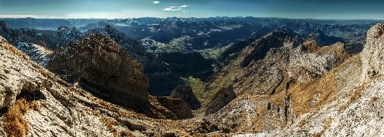 View from Säntis, rugged, alpine, peaks, alpstein, view, säntis, haze, mountains, mist, alps, sunrise, switzerland, morning, appenzell, stone, saentis, rock